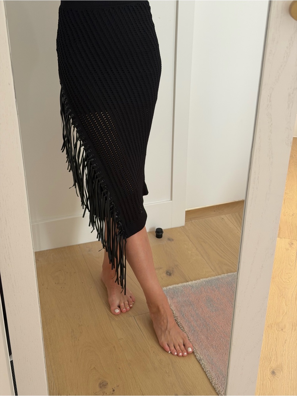Black Fringe Knit Midi Skirt
